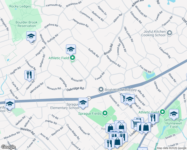 map of restaurants, bars, coffee shops, grocery stores, and more near 150 Bristol Road in Wellesley