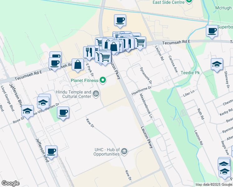 map of restaurants, bars, coffee shops, grocery stores, and more near 7150 Hawthorne Drive in Windsor