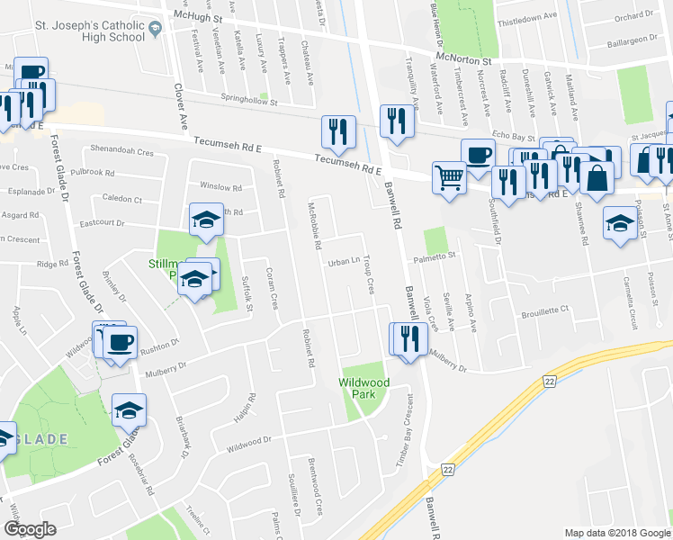 map of restaurants, bars, coffee shops, grocery stores, and more near 11225 Urban Lane in Windsor