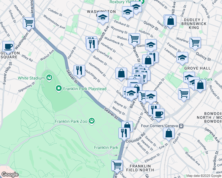 map of restaurants, bars, coffee shops, grocery stores, and more near 36 Schuyler Street in Boston