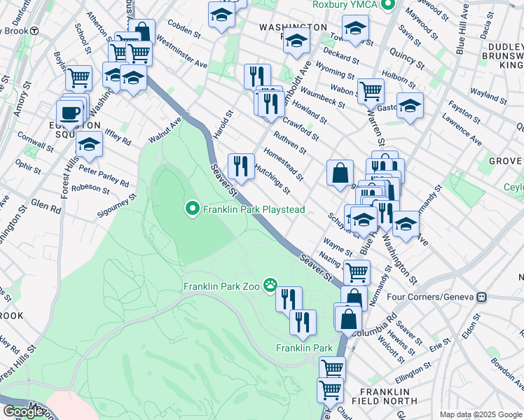 map of restaurants, bars, coffee shops, grocery stores, and more near 154 Seaver Street in Boston