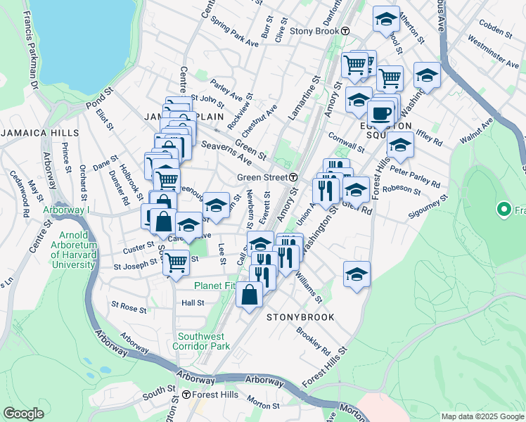 map of restaurants, bars, coffee shops, grocery stores, and more near 32 Everett Street in Boston