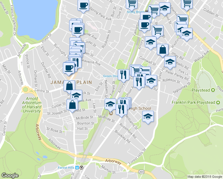 map of restaurants, bars, coffee shops, grocery stores, and more near 32 Everett Street in Boston