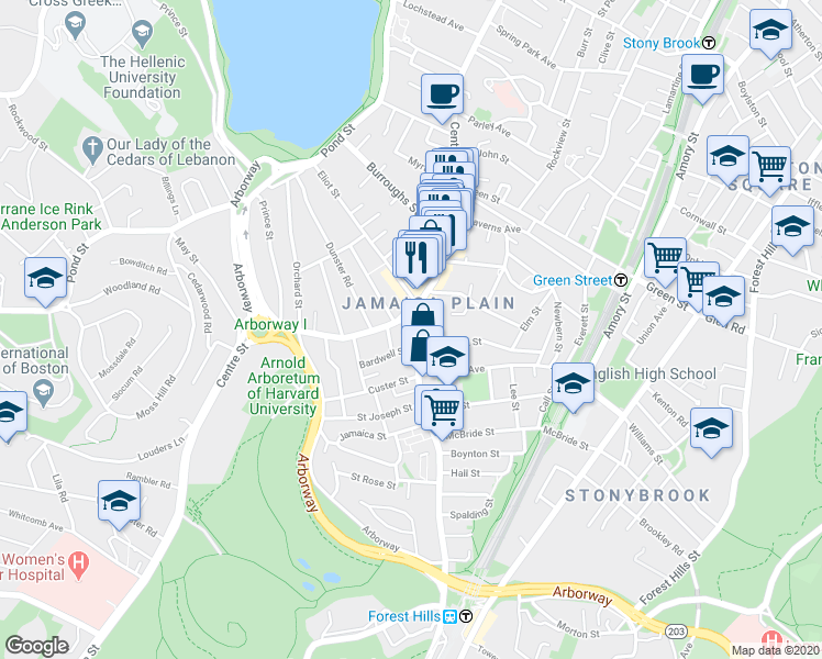 map of restaurants, bars, coffee shops, grocery stores, and more near 9 South Street in Boston