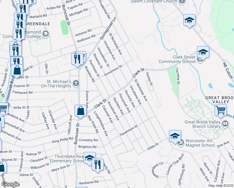 map of restaurants, bars, coffee shops, grocery stores, and more near 122 Clark Street in Worcester