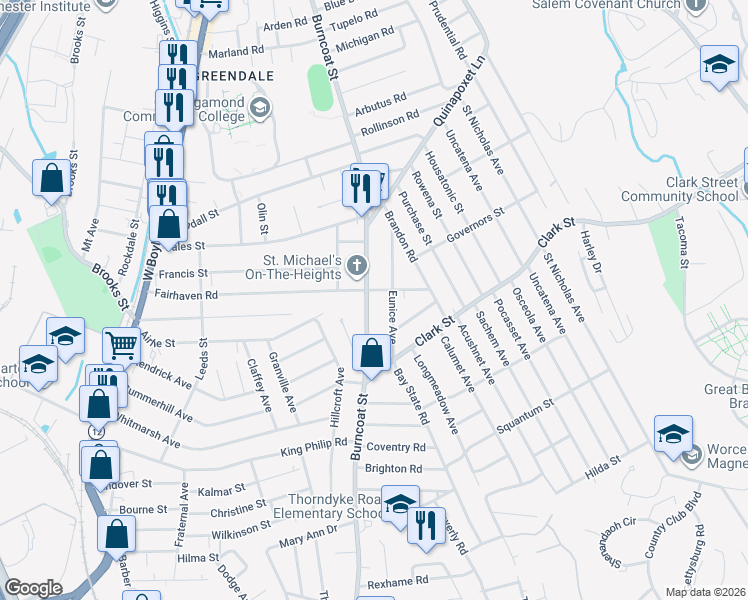 map of restaurants, bars, coffee shops, grocery stores, and more near 172 Fairhaven Road in Worcester
