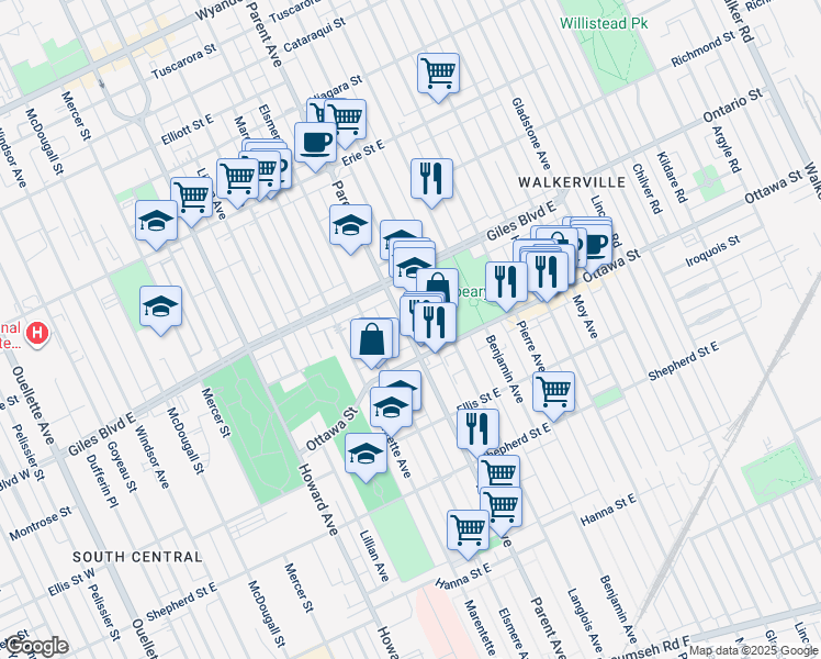 map of restaurants, bars, coffee shops, grocery stores, and more near 1267 Parent Avenue in Windsor