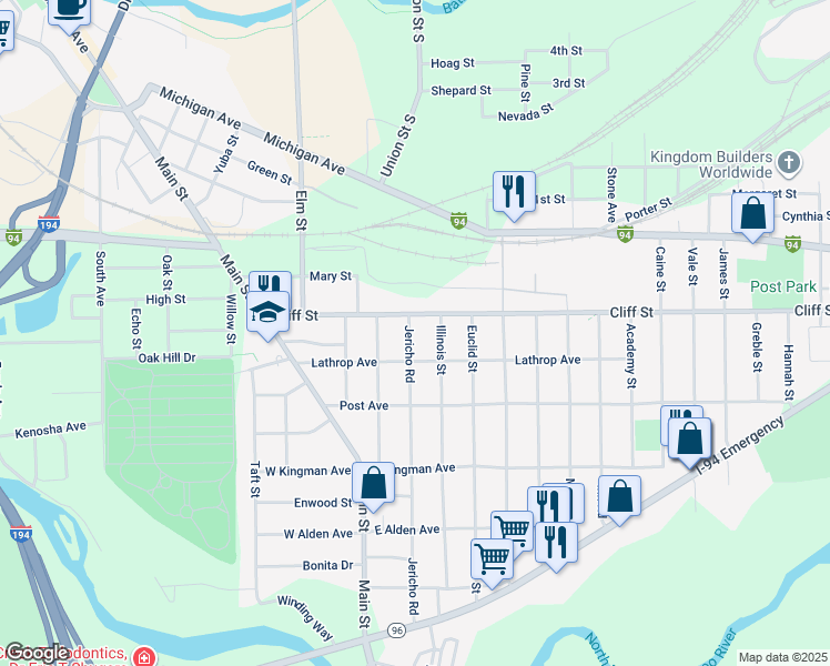 map of restaurants, bars, coffee shops, grocery stores, and more near 18 Illinois Street in Battle Creek