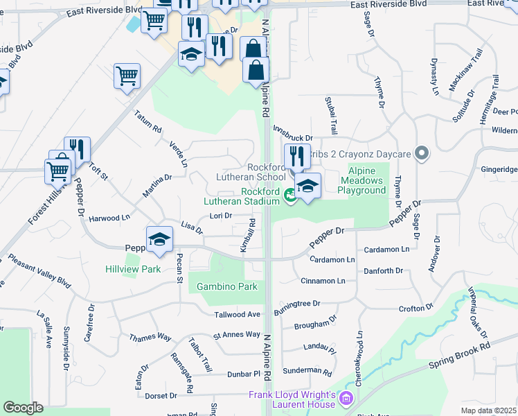 map of restaurants, bars, coffee shops, grocery stores, and more near 3361 Kimball Road in Rockford