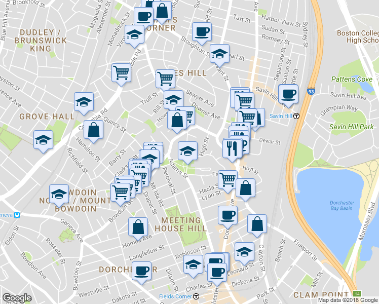 map of restaurants, bars, coffee shops, grocery stores, and more near 38 Winter Street in Boston