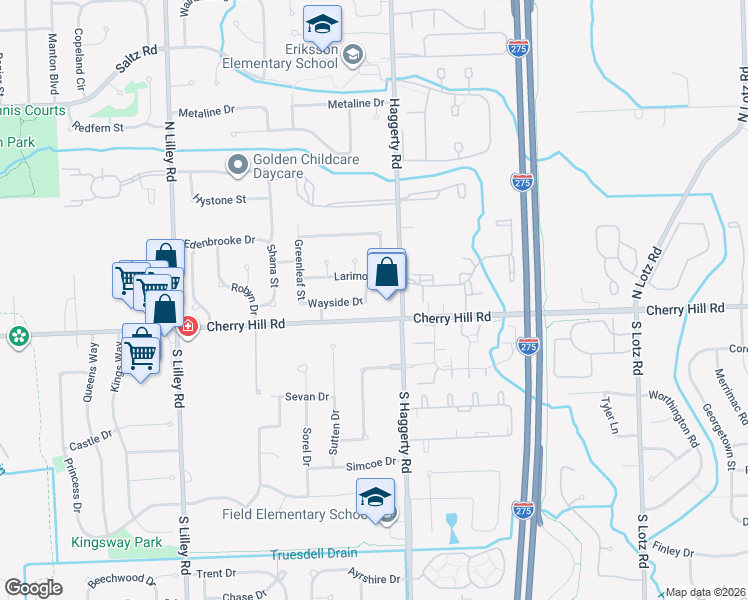 map of restaurants, bars, coffee shops, grocery stores, and more near 41559 Wayside Drive in Canton
