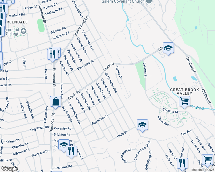 map of restaurants, bars, coffee shops, grocery stores, and more near 113 Uncatena Avenue in Worcester