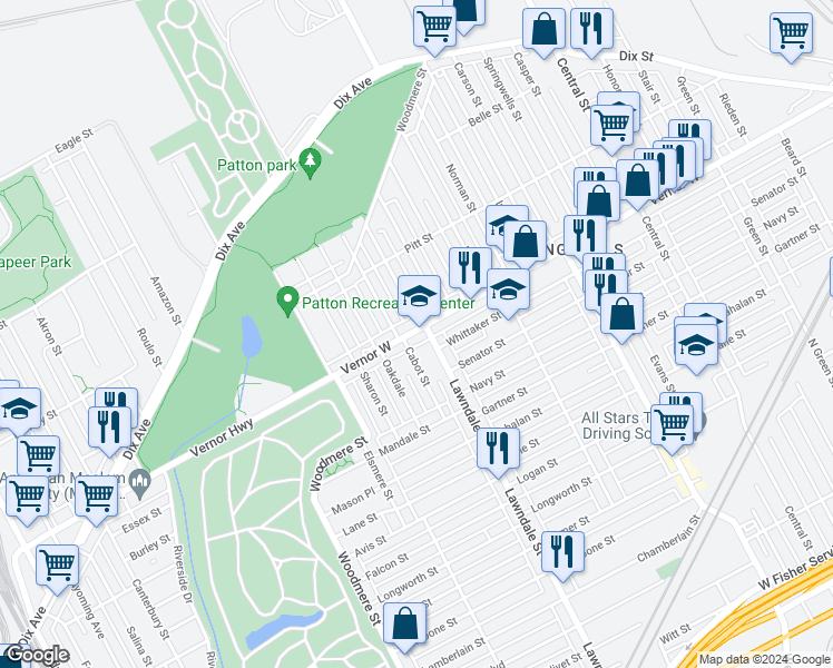 map of restaurants, bars, coffee shops, grocery stores, and more near 8719 Vernor Highway in Detroit