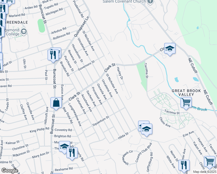 map of restaurants, bars, coffee shops, grocery stores, and more near 113 Uncatena Avenue in Worcester