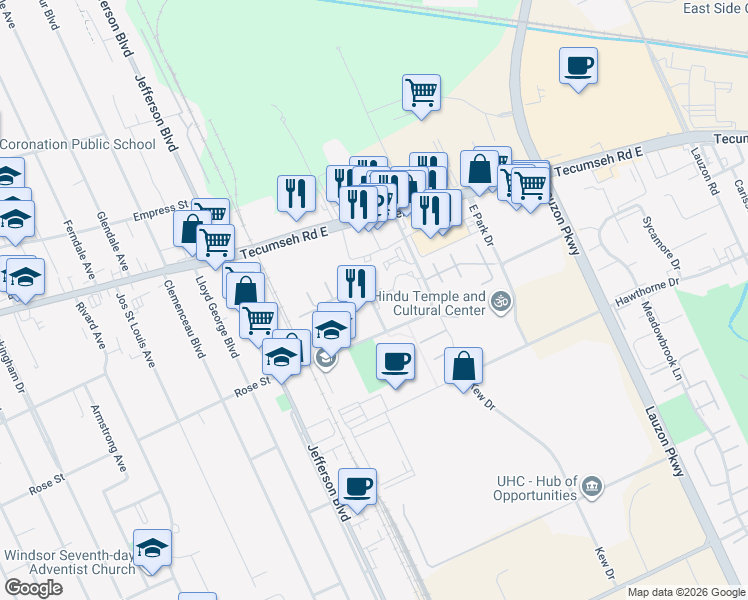 map of restaurants, bars, coffee shops, grocery stores, and more near 6594 Thornberry Crescent in Windsor