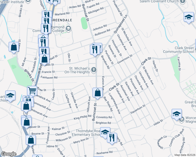 map of restaurants, bars, coffee shops, grocery stores, and more near 172 Fairhaven Road in Worcester