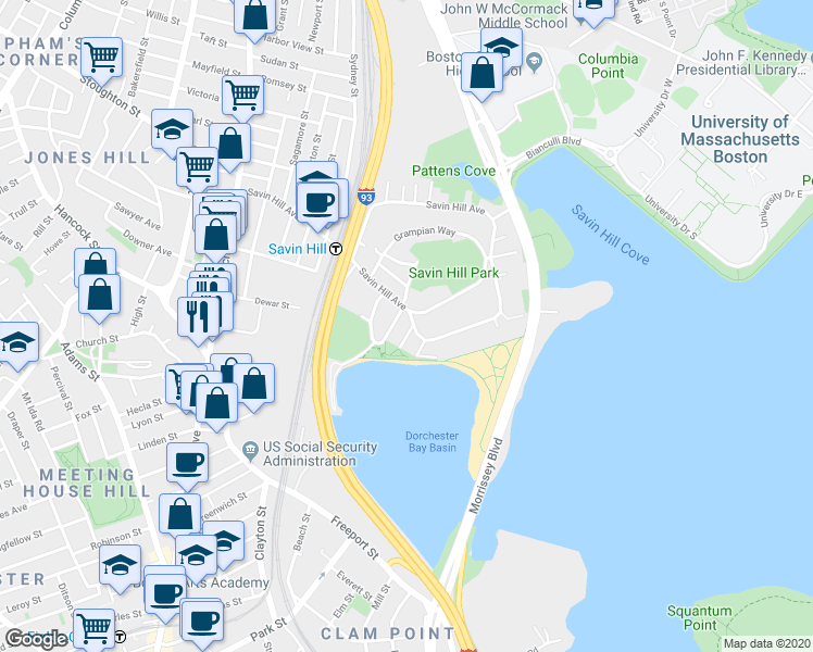 map of restaurants, bars, coffee shops, grocery stores, and more near 3 Bayside Street in Boston