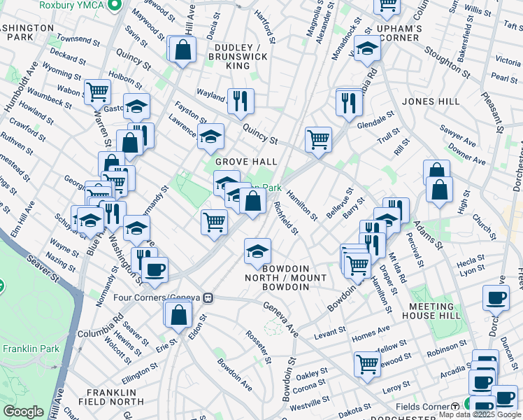 map of restaurants, bars, coffee shops, grocery stores, and more near 1-1B Richfield Street in Boston