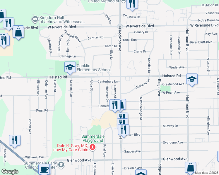 map of restaurants, bars, coffee shops, grocery stores, and more near 3329 Hanover Drive in Rockford