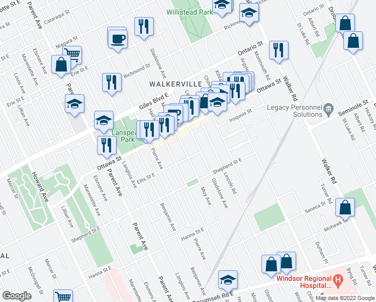 map of restaurants, bars, coffee shops, grocery stores, and more near 1380 Moy Avenue in Windsor