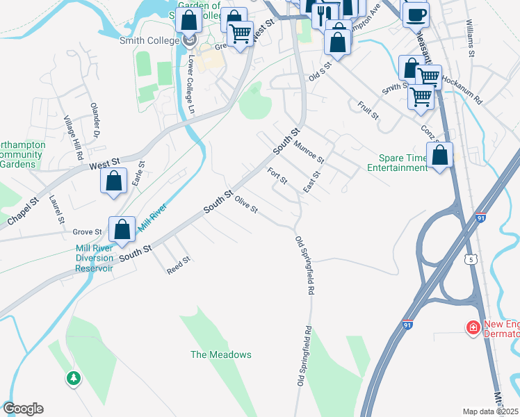 map of restaurants, bars, coffee shops, grocery stores, and more near 34 Olive St in Northampton