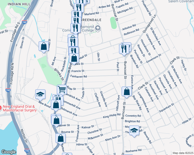 map of restaurants, bars, coffee shops, grocery stores, and more near 80 Fairhaven Road in Worcester