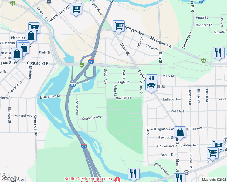 map of restaurants, bars, coffee shops, grocery stores, and more near 28 Echo Street in Battle Creek