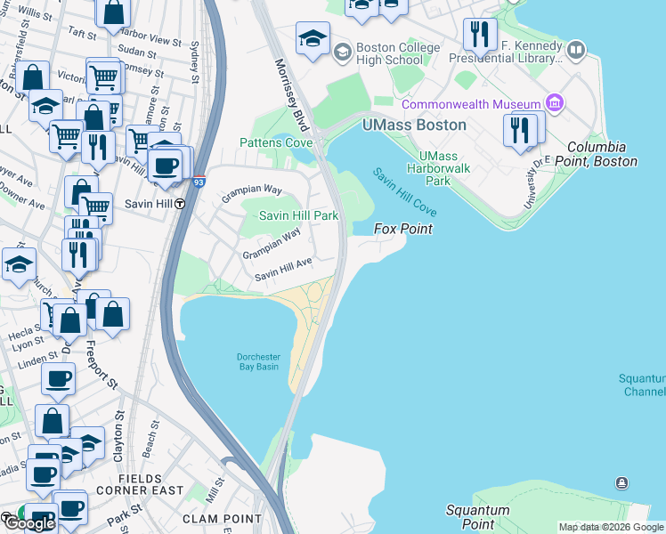 map of restaurants, bars, coffee shops, grocery stores, and more near 401 Morrissey Boulevard in Boston