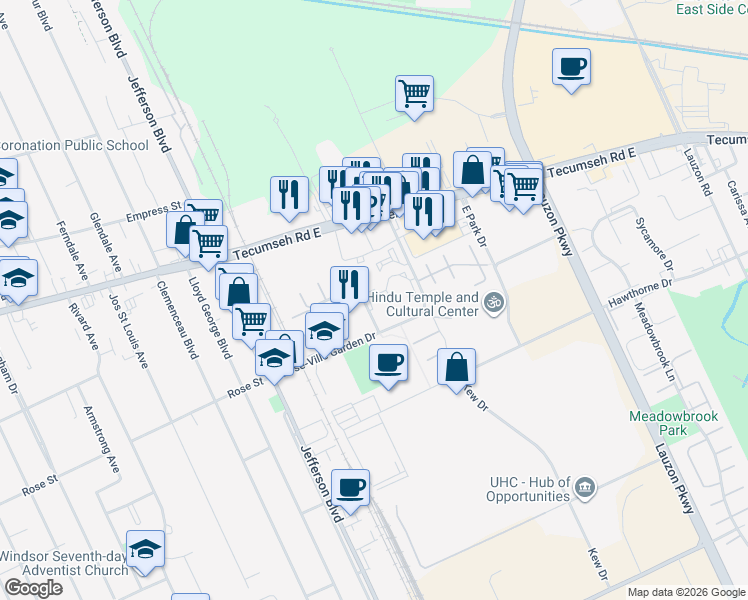 map of restaurants, bars, coffee shops, grocery stores, and more near 6640 Thornberry Crescent in Windsor