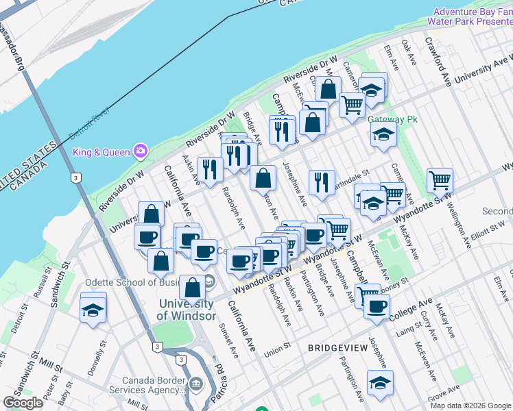 map of restaurants, bars, coffee shops, grocery stores, and more near 377 Partington Avenue in Windsor