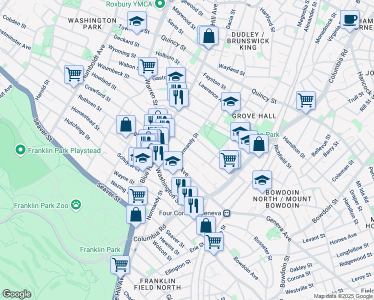 map of restaurants, bars, coffee shops, grocery stores, and more near 45 Stanwood Street in Boston