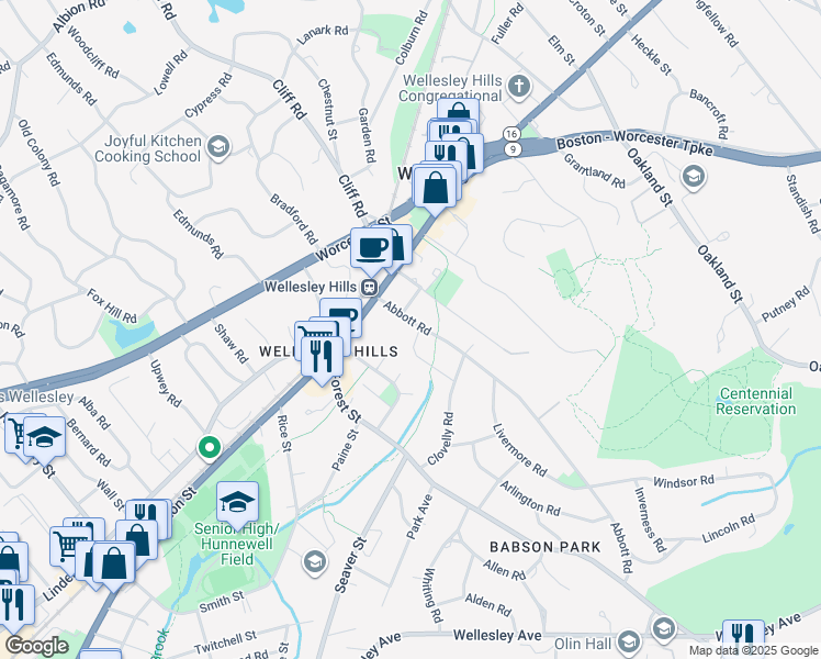 map of restaurants, bars, coffee shops, grocery stores, and more near 23 Abbott Road in Wellesley
