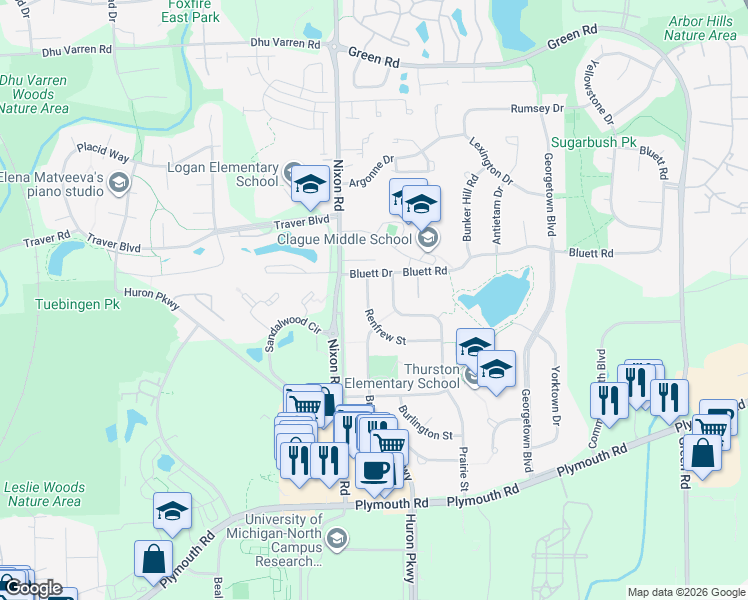 map of restaurants, bars, coffee shops, grocery stores, and more near 2837 Renfrew Street in Ann Arbor
