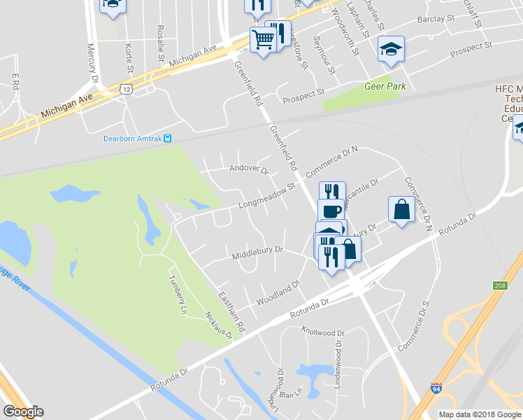 map of restaurants, bars, coffee shops, grocery stores, and more near 6 Branford Lane in Dearborn