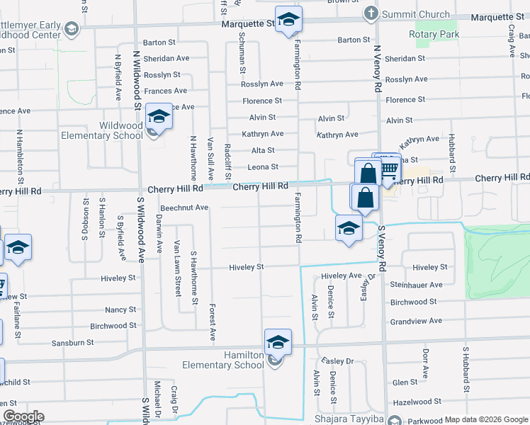 map of restaurants, bars, coffee shops, grocery stores, and more near 33563 Beechnut Street in Westland