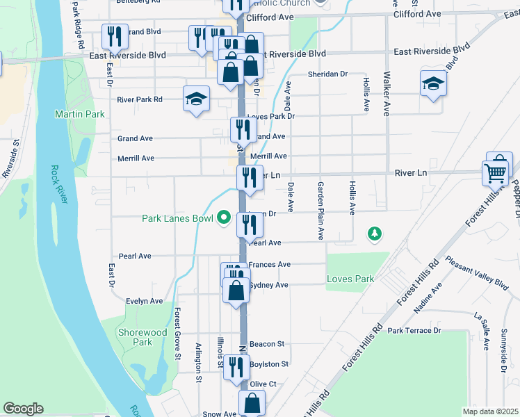 map of restaurants, bars, coffee shops, grocery stores, and more near 516 Lawn Drive in Loves Park