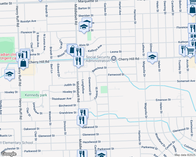 map of restaurants, bars, coffee shops, grocery stores, and more near 321 Central Street in Inkster