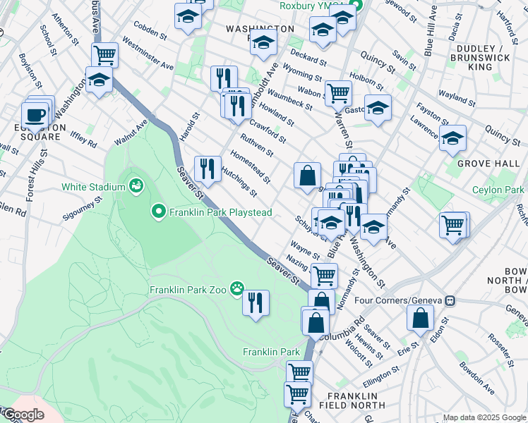 map of restaurants, bars, coffee shops, grocery stores, and more near 107-109 Elm Hill Avenue in Boston
