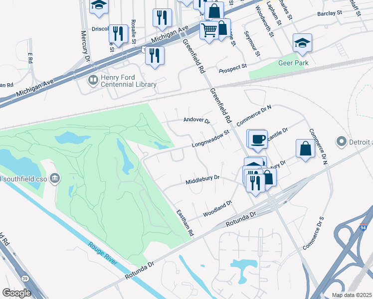 map of restaurants, bars, coffee shops, grocery stores, and more near 1 Danvers Lane in Dearborn