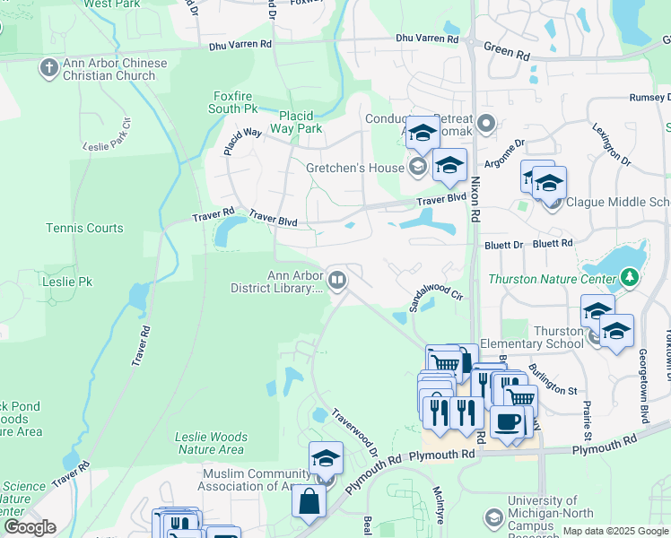 map of restaurants, bars, coffee shops, grocery stores, and more near 2395 Leslie Circle in Ann Arbor