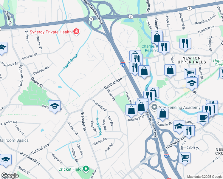 map of restaurants, bars, coffee shops, grocery stores, and more near 31 Arnold Street in Needham