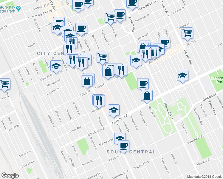 map of restaurants, bars, coffee shops, grocery stores, and more near 1036 Goyeau Street in Windsor