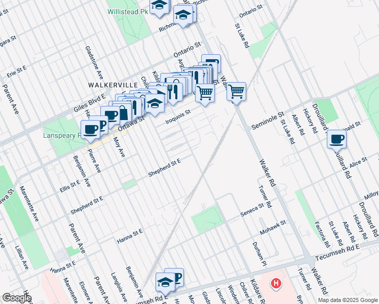 map of restaurants, bars, coffee shops, grocery stores, and more near 1478 Kildare Road in Windsor