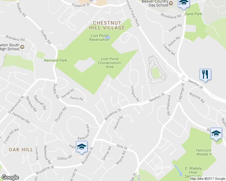 map of restaurants, bars, coffee shops, grocery stores, and more near 72 Audubon Drive in Newton