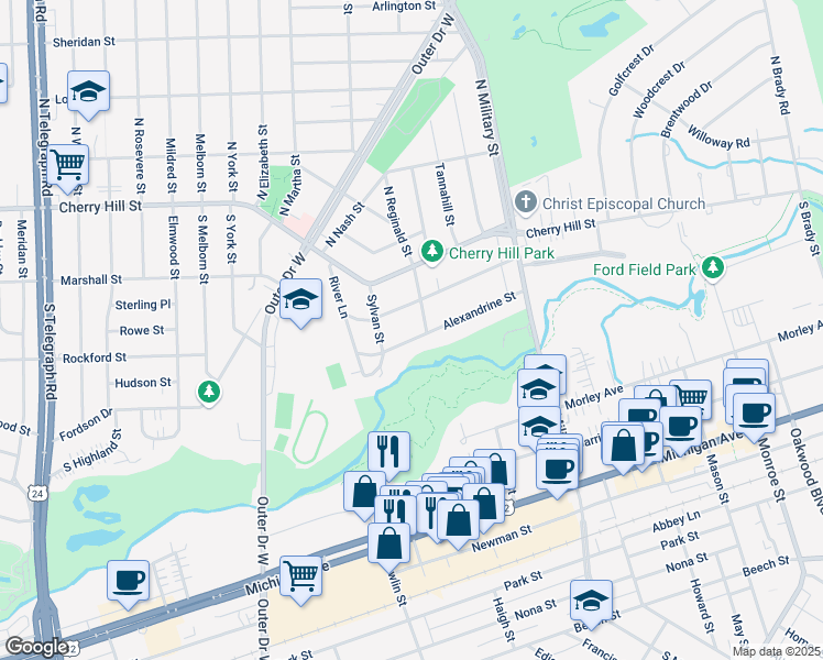 map of restaurants, bars, coffee shops, grocery stores, and more near 22826 Alexandrine Street in Dearborn