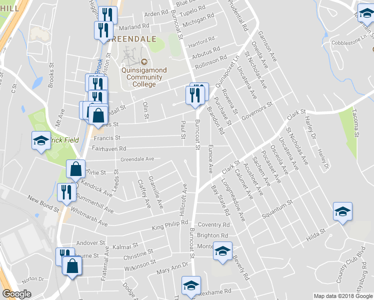map of restaurants, bars, coffee shops, grocery stores, and more near 148 Fairhaven Road in Worcester