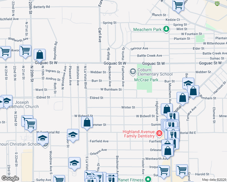 map of restaurants, bars, coffee shops, grocery stores, and more near 277 West Burnham Street in Battle Creek