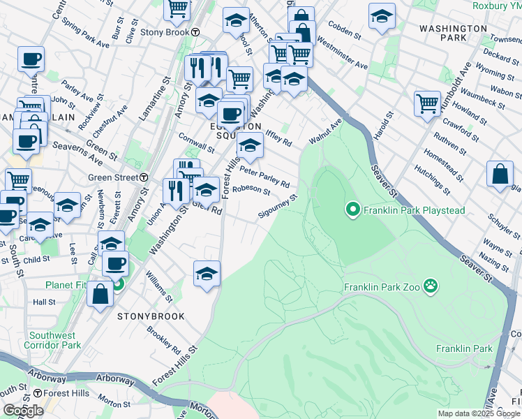 map of restaurants, bars, coffee shops, grocery stores, and more near 22 Sigourney Street in Boston