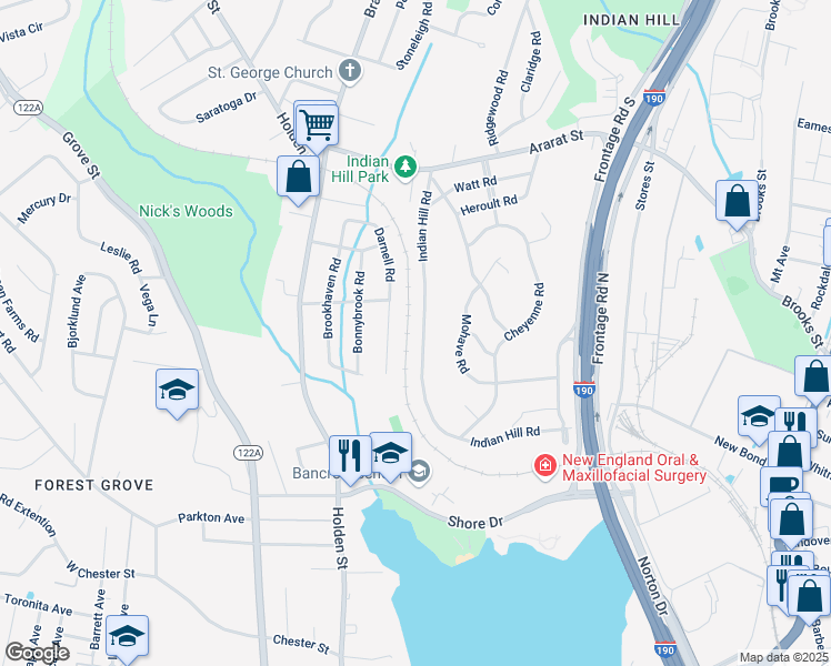 map of restaurants, bars, coffee shops, grocery stores, and more near 71 Darnell Road in Worcester
