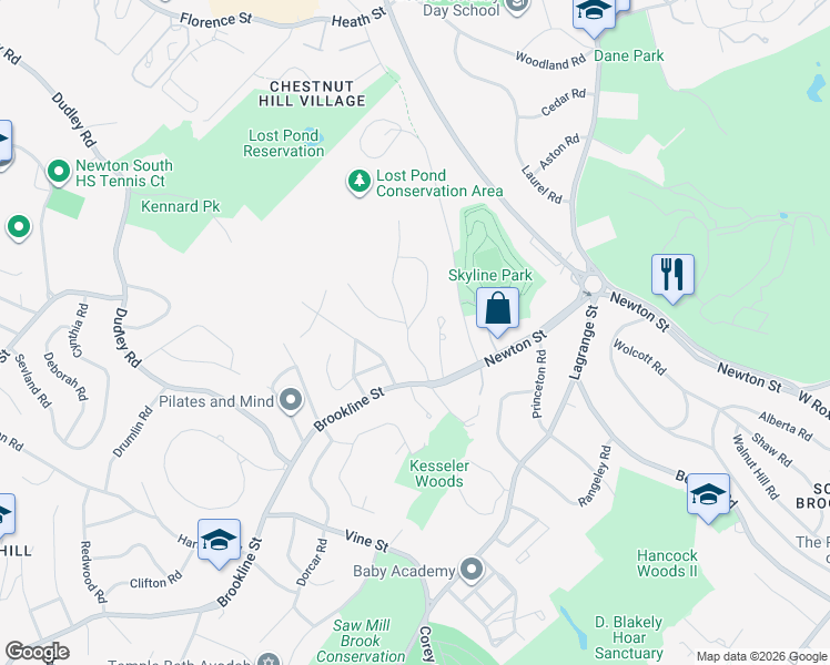 map of restaurants, bars, coffee shops, grocery stores, and more near 47 Arlington Road in Brookline